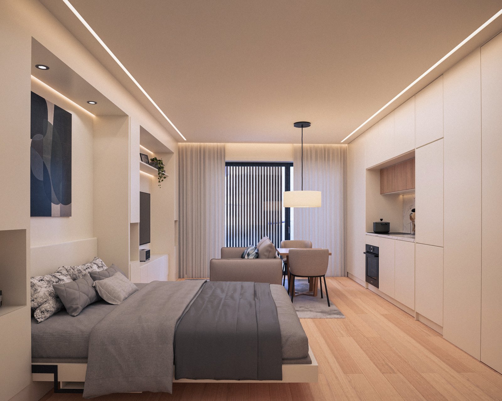Sala do T0, com a cama aberta